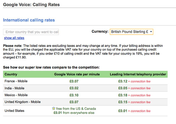 Google Voice Calling Rates