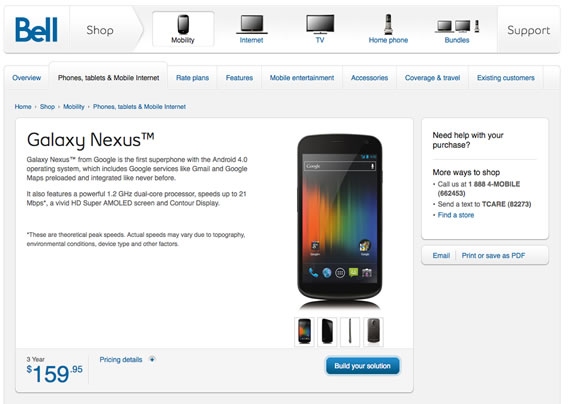 Samsung Galaxy Nexus Bell Canada